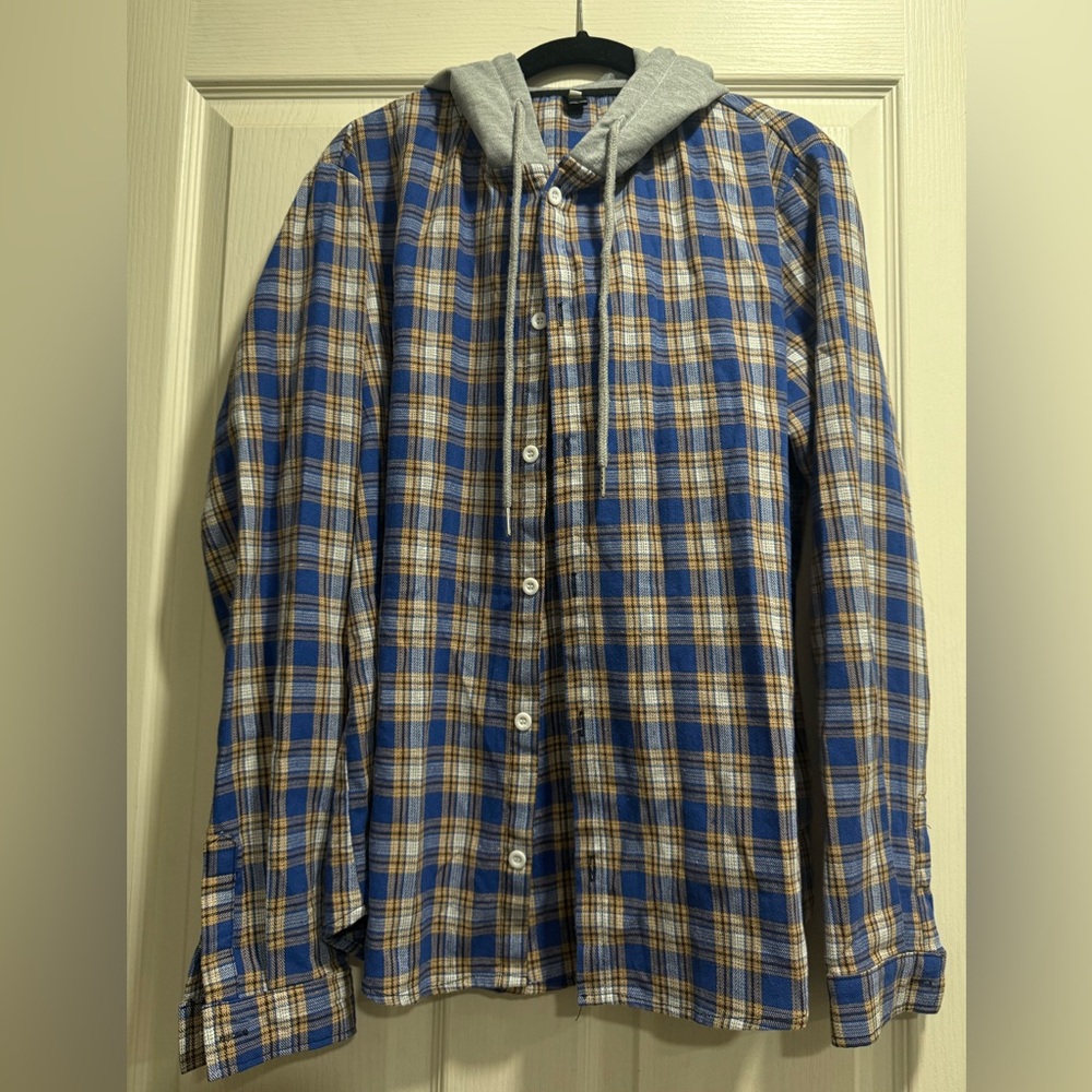 Blue and tan Plaid Men's Shirt with gray Hood